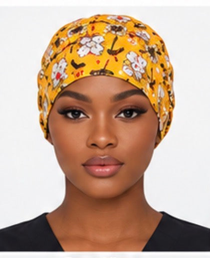 Yellow Floral Reversible Satin-Lined Scrub Cap for Long Hair