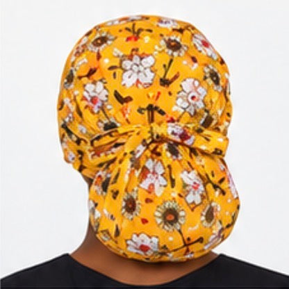 Yellow Floral Reversible Satin-Lined Scrub Cap for Long Hair
