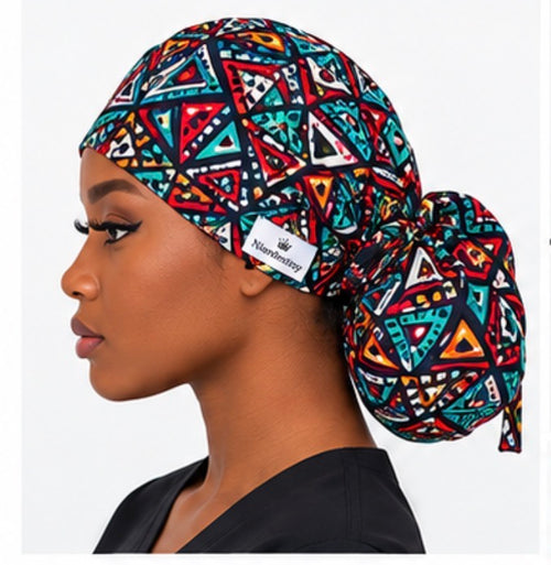 Tribal Geometric Reversible Satin-Lined Scrub Cap for Long Hair