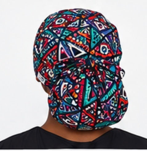 Tribal Geometric Reversible Satin-Lined Scrub Cap for Long Hair
