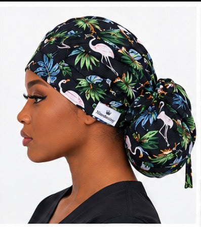 Dark Flamingo Reversible Satin-Lined Scrub Cap for Long Hair