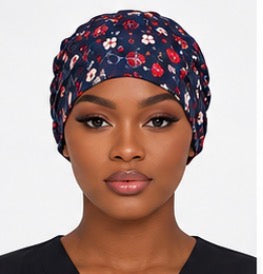 Navy Cherry Reversible Satin-Lined Scrub Cap for Long Hair