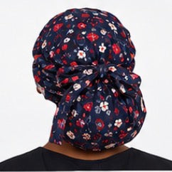 Navy Cherry Reversible Satin-Lined Scrub Cap for Long Hair