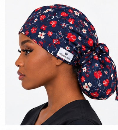 Navy Cherry Reversible Satin-Lined Scrub Cap for Long Hair